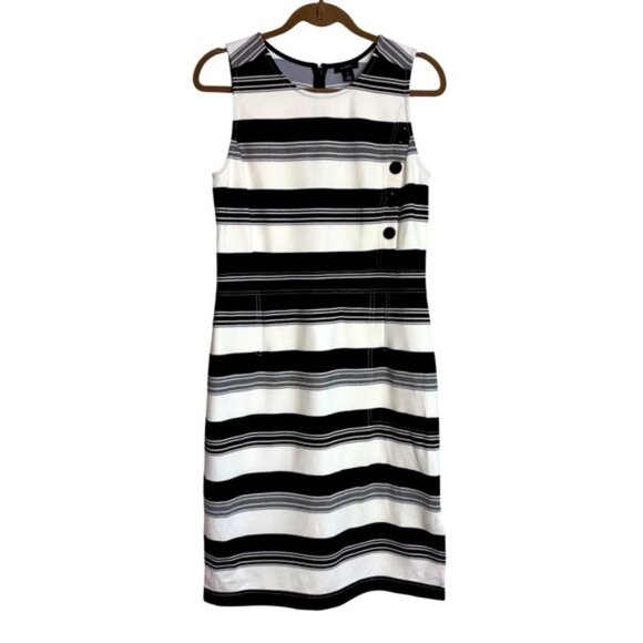 Halogen Women’s Medium Black White Striped Sleeveless Dress Back Zipper Classic - Picture 1 of 10